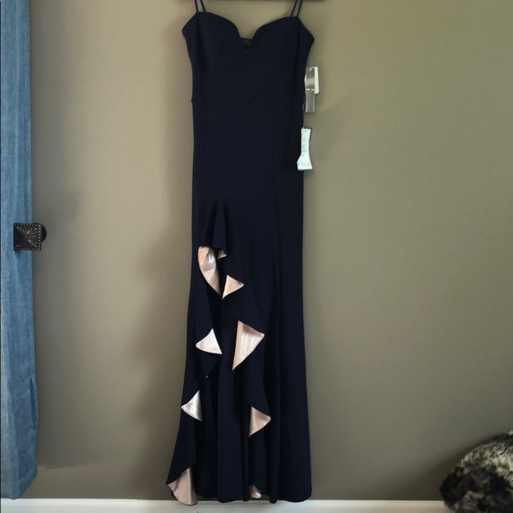 Strapless front ruffle asymmetrical evening gown